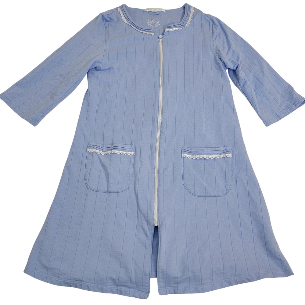 Eileen West Blue Cotton Ribbed Zip Robe Knee Length Pockets S/M Terry Lined